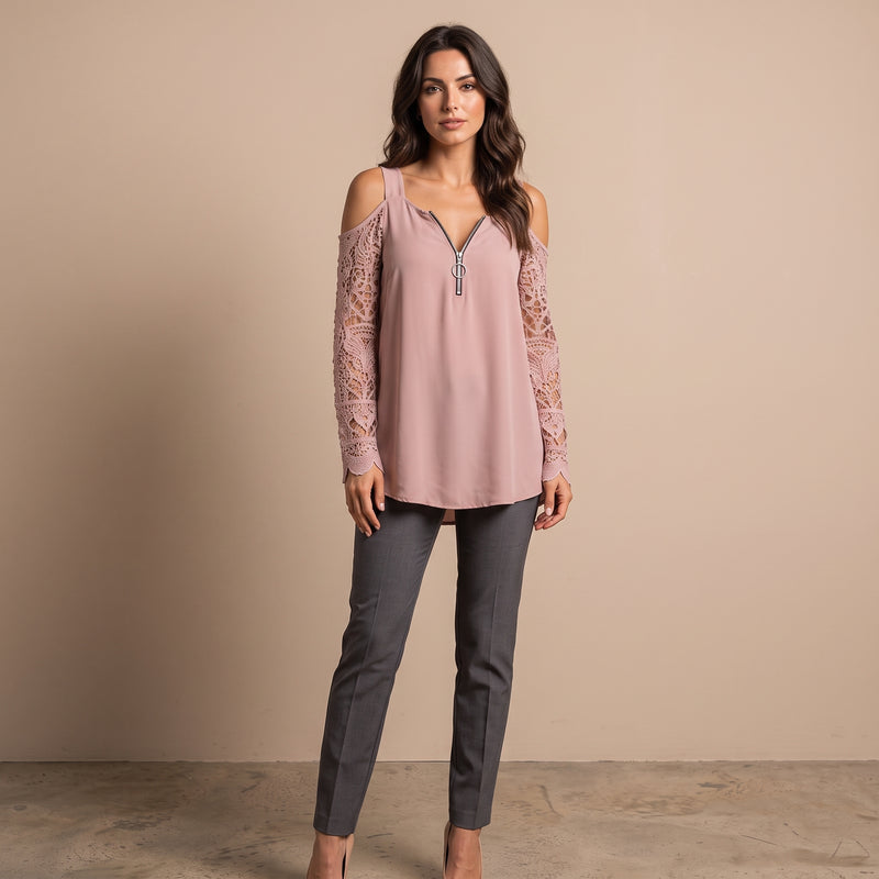 Fely - Blusa de encaje con hombros al descubierto y cremallera