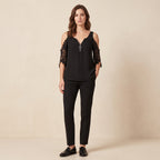 Fely - Blusa de encaje con hombros al descubierto y cremallera