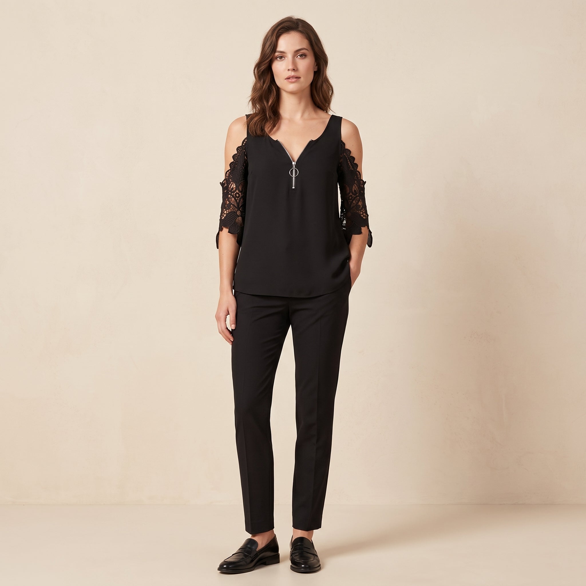 Fely - Blusa de encaje con hombros al descubierto y cremallera