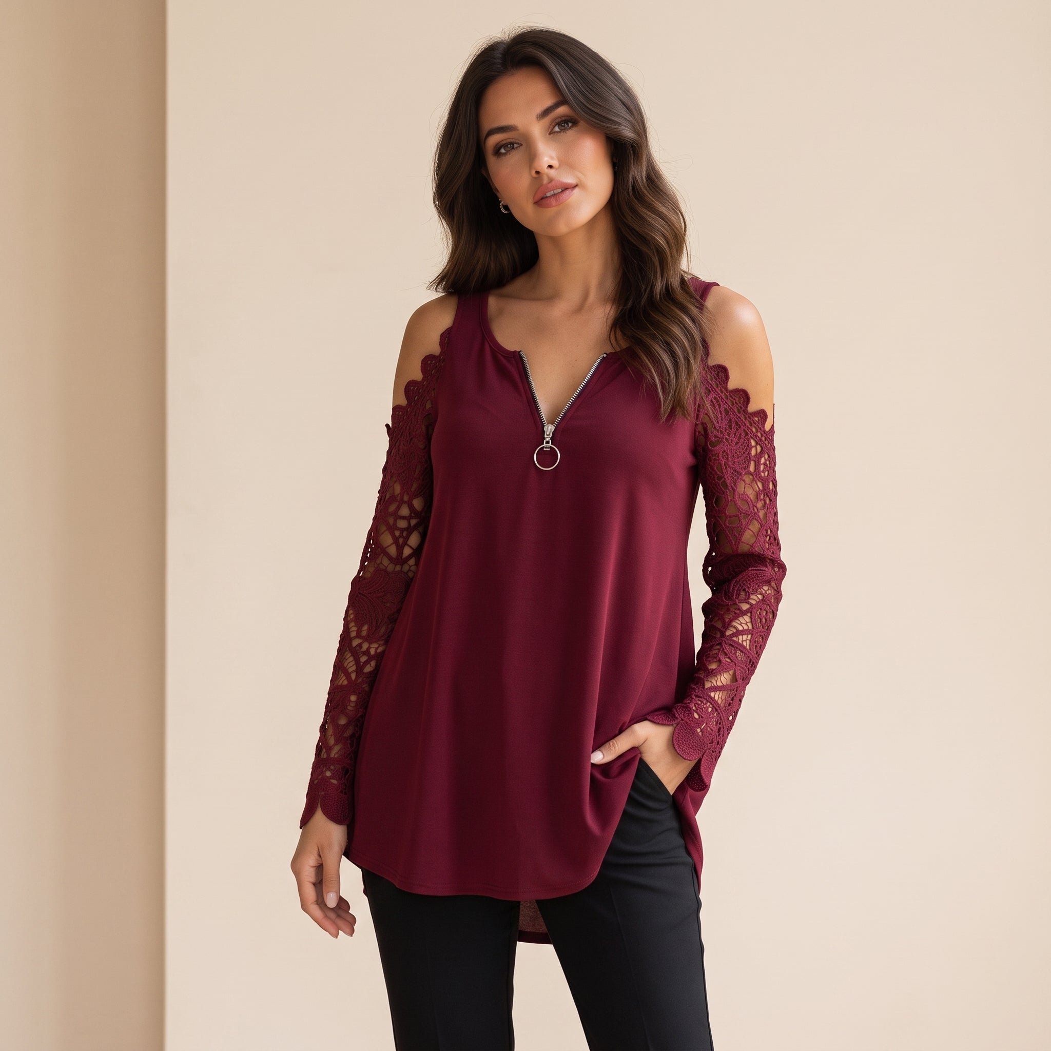 Fely - Blusa de encaje con hombros al descubierto y cremallera