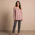 Fely - Blusa de encaje con hombros al descubierto y cremallera