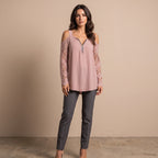 Fely - Blusa de encaje con hombros al descubierto y cremallera