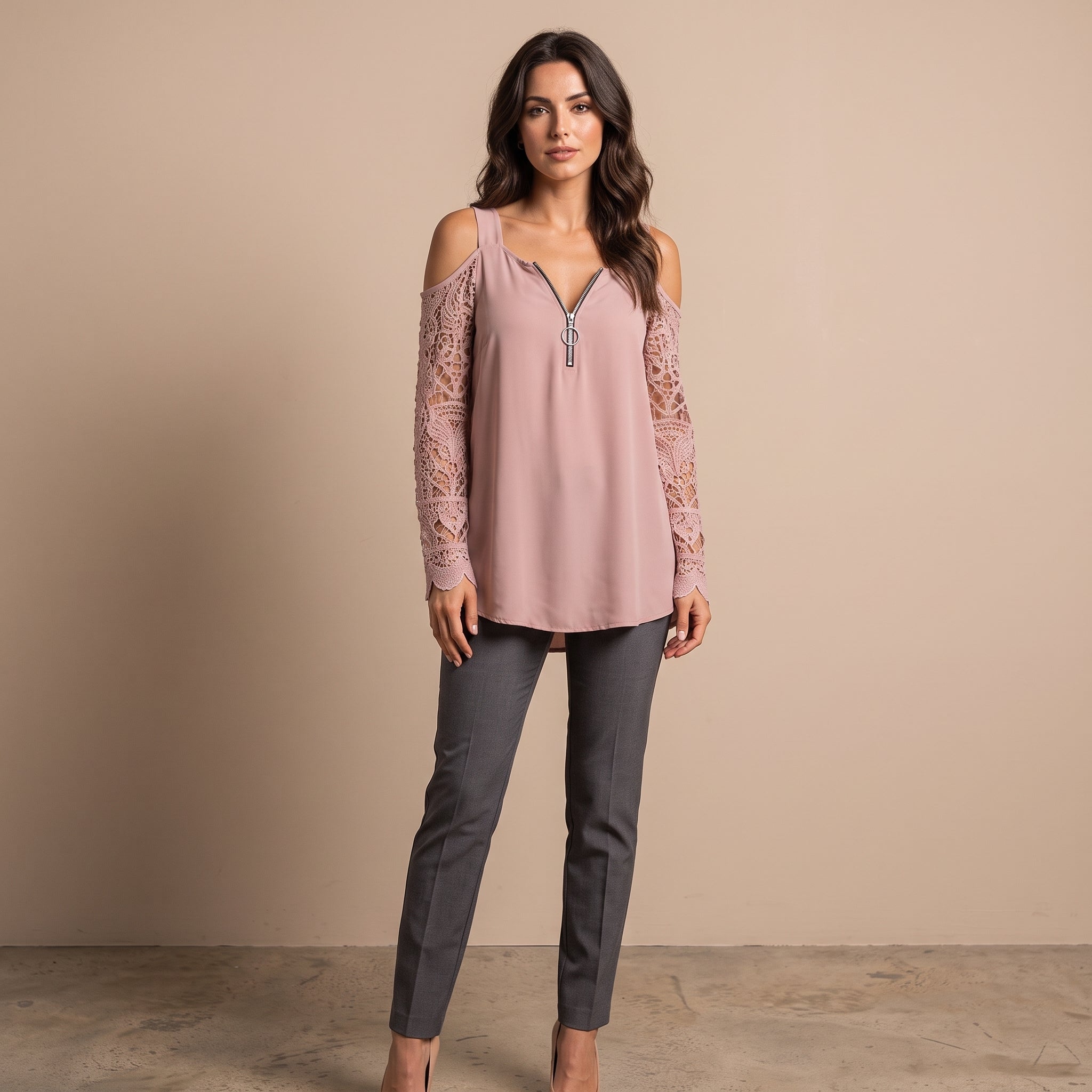 Fely - Blusa de encaje con hombros al descubierto y cremallera