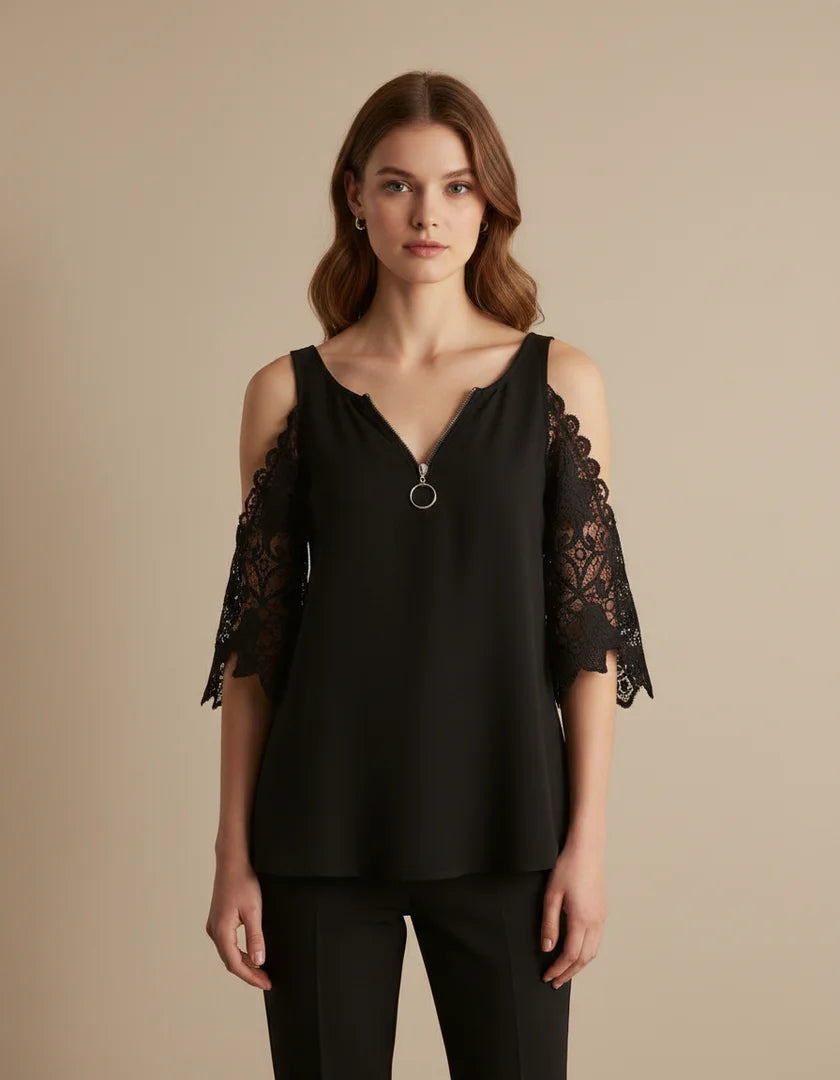 Fely - Blusa de encaje con hombros al descubierto y cremallera