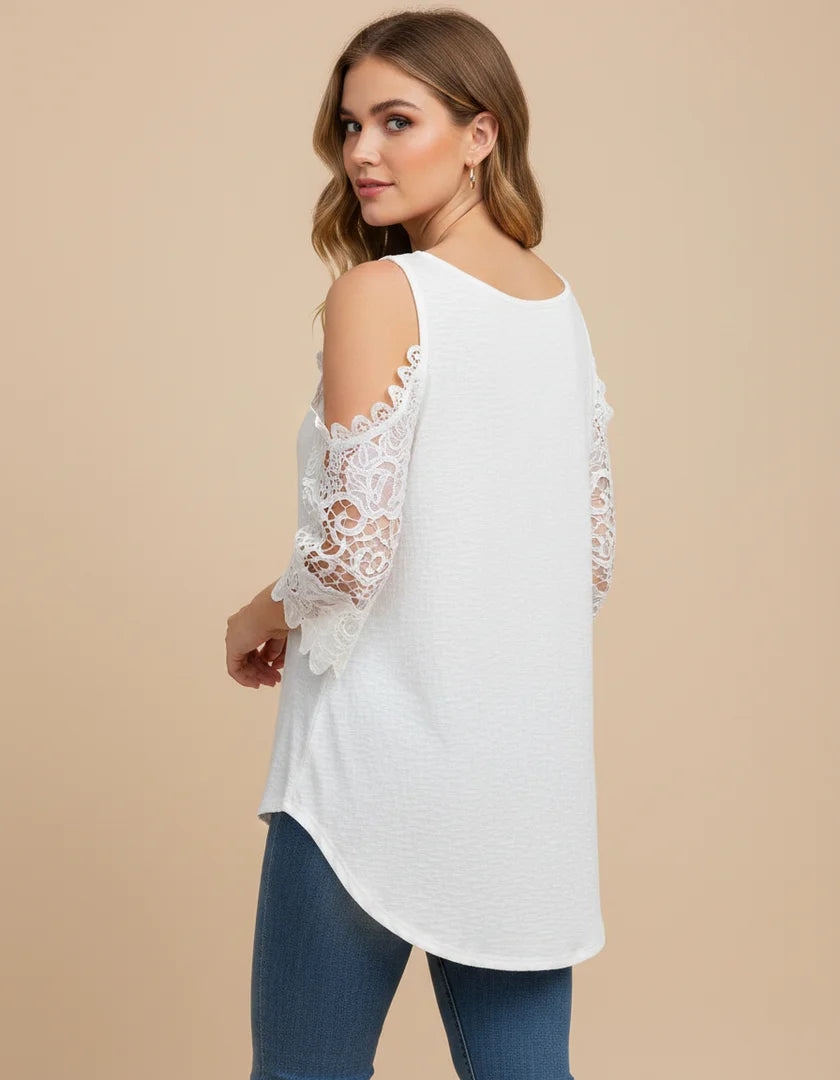Fely - Blusa de encaje con hombros al descubierto y cremallera