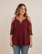 Fely - Blusa de encaje con hombros al descubierto y cremallera