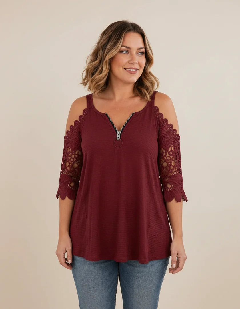 Fely - Blusa de encaje con hombros al descubierto y cremallera