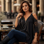 Fely - Blusa de encaje con hombros al descubierto y cremallera